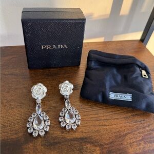 Prada Rose Clip On Earrings with Large Crystal Drop